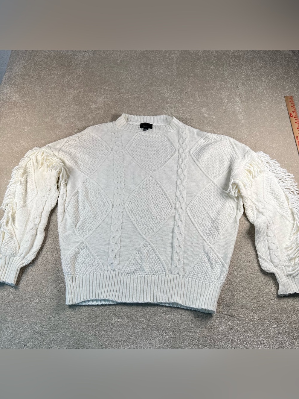 Lumiere Sweater Cream Fringe Sleeves Crew Neck Knit Women's XSmall